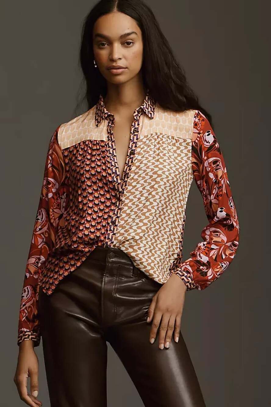Maeve by Anthropologie The Paz Button-Down Multicolor Artsy Shirt Sz L